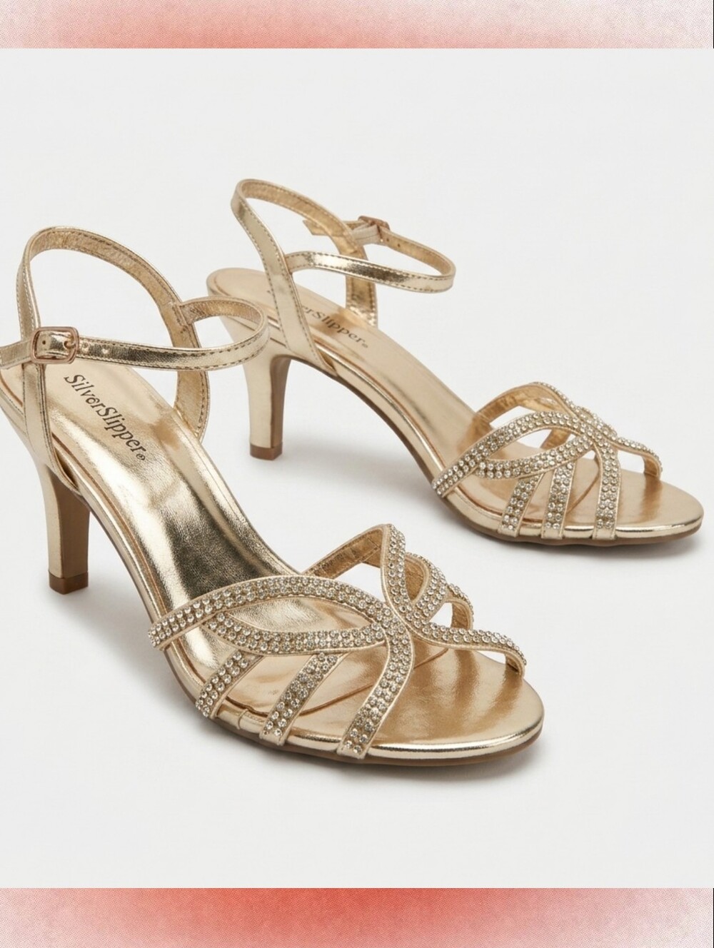 Silver Slipper Ariel Gold Rhinestone Srappy Kitten Heels Sandals Size 9